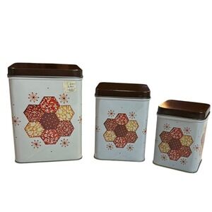Vintage Metal Tin Canisters Nesting Set Of 3 Retro Patchwork Floral NEW NOS